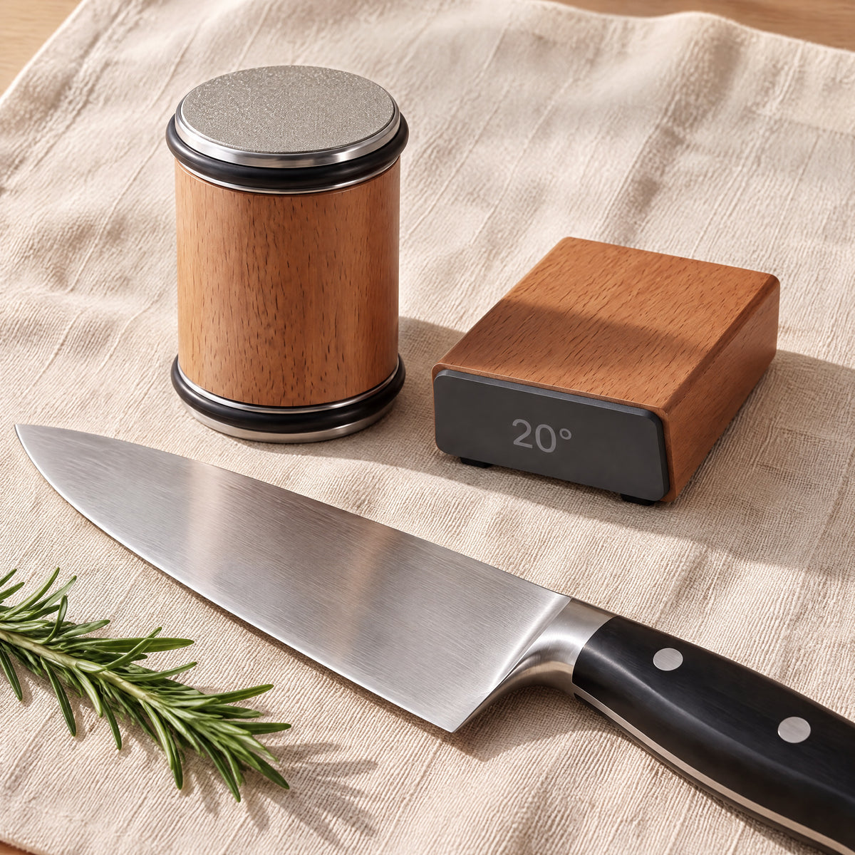 The Wylen rolling knife sharpener, its angle block and a kitchen knife on a linen cloth