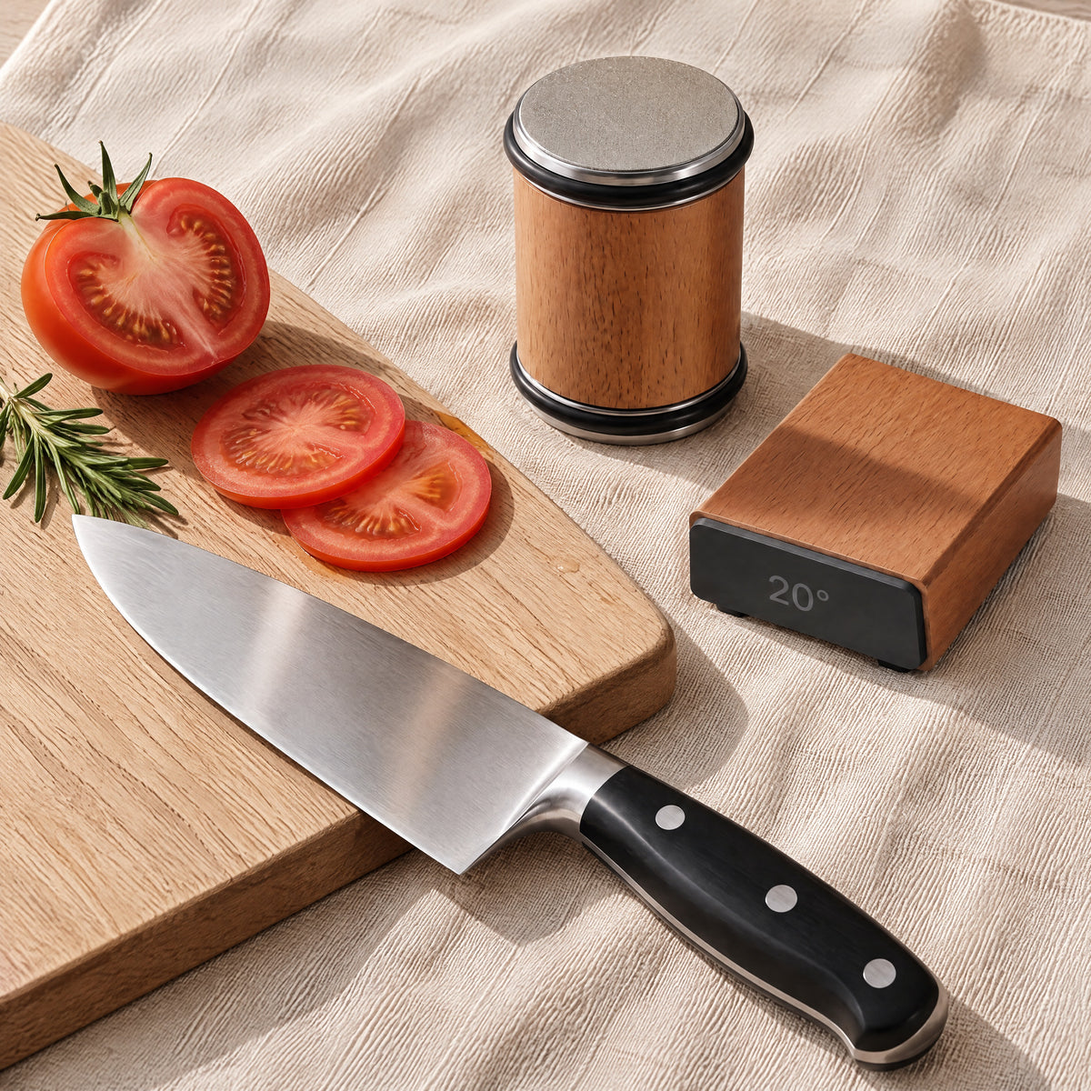 The sharpener set on a linen cloth beside a chopping board with a cut tomato and a kitchen knife